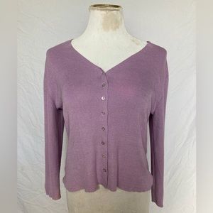 Sigrid Olsen light purple quarter sleeve cardigan cozy comfy material spring